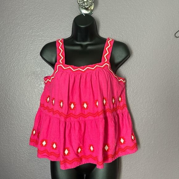 LOFT Tops - Loft Hot Pink with red and cream geometric Embroidered tank Top